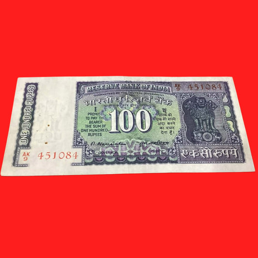 Rs 100 note 451084 back side dam governor m narshiman rare - Collection Bazzar