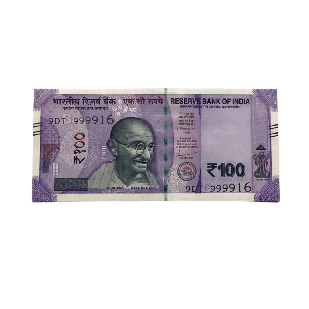Rs 100 note 9DT prefix 999916 five times 9 plus 916 hallmark number gov shaktikant das rare collectible - Collection Bazzar