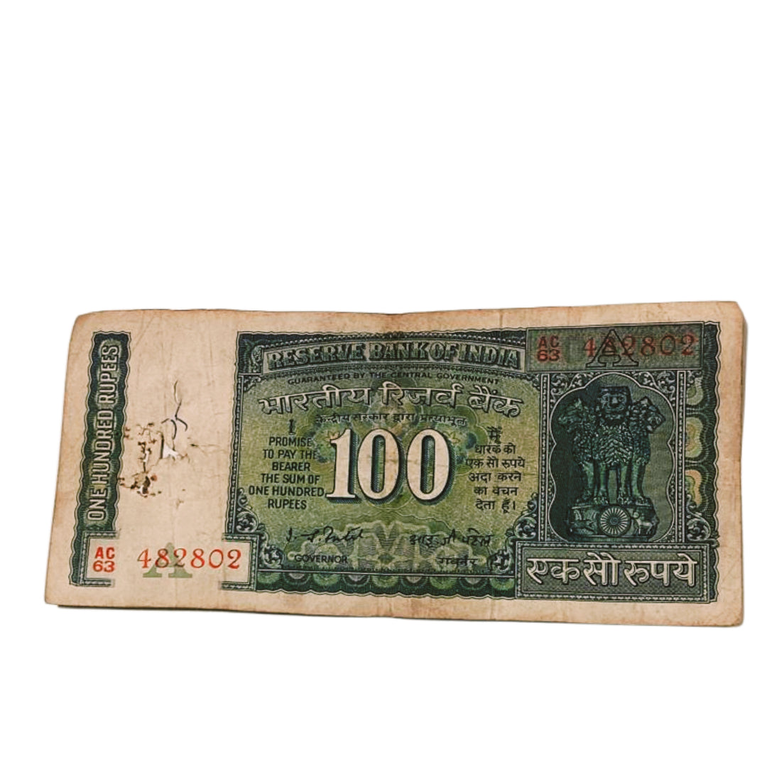 Rs 100 old note 482802 back side dam governor I G patel  rare collectible - Collection Bazzar