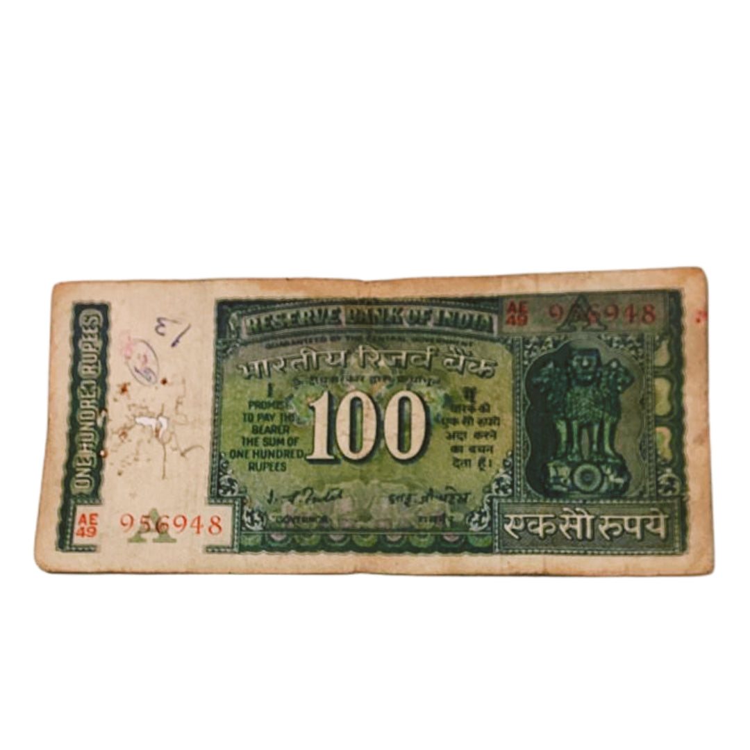 Rs 100 old note 956948 back side dam governor I G patel  rare collectible - Collection Bazzar