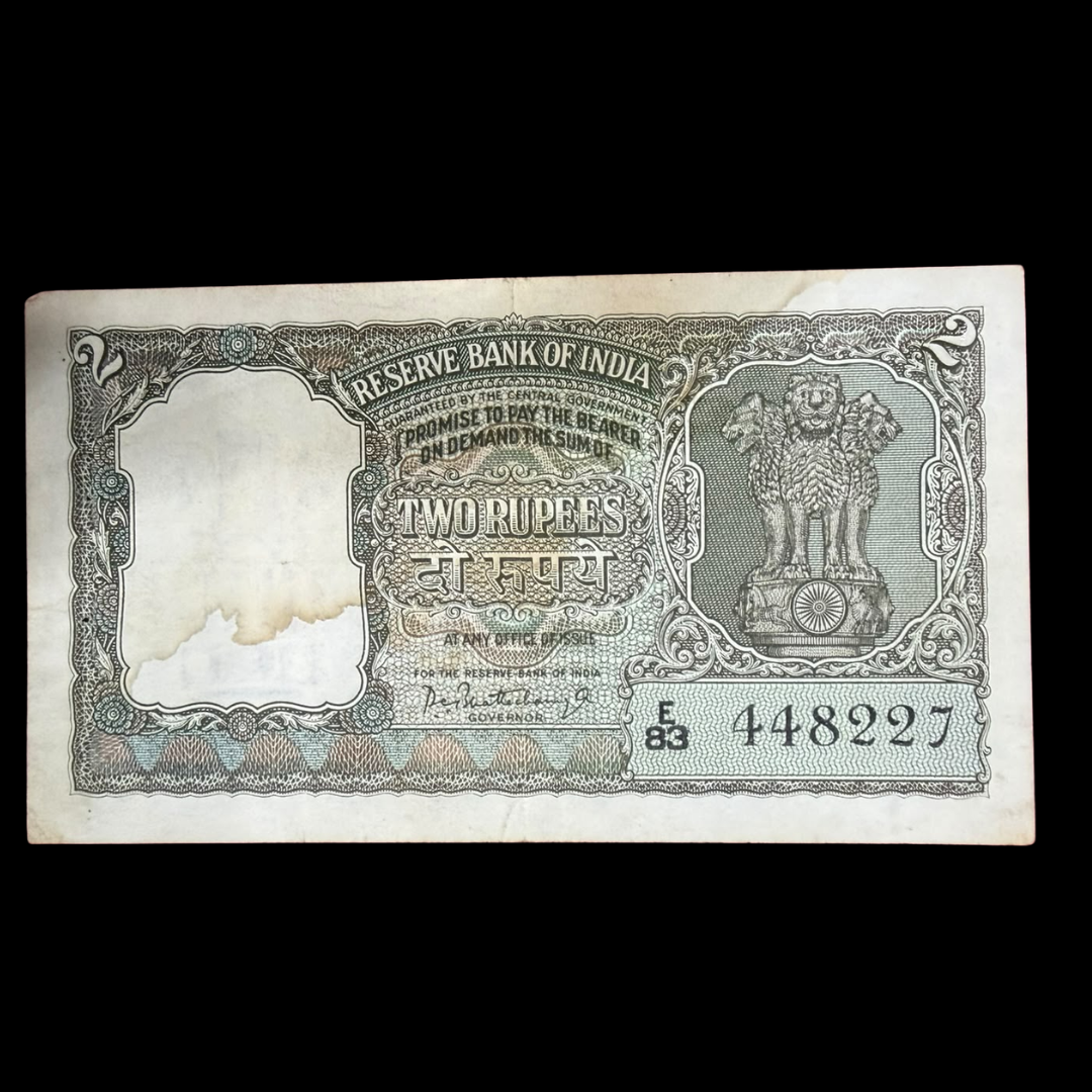 Rs 2 Half Tiger Olive Green Note Gov P C bhattacharya Rare Collectible - Collection Bazzar