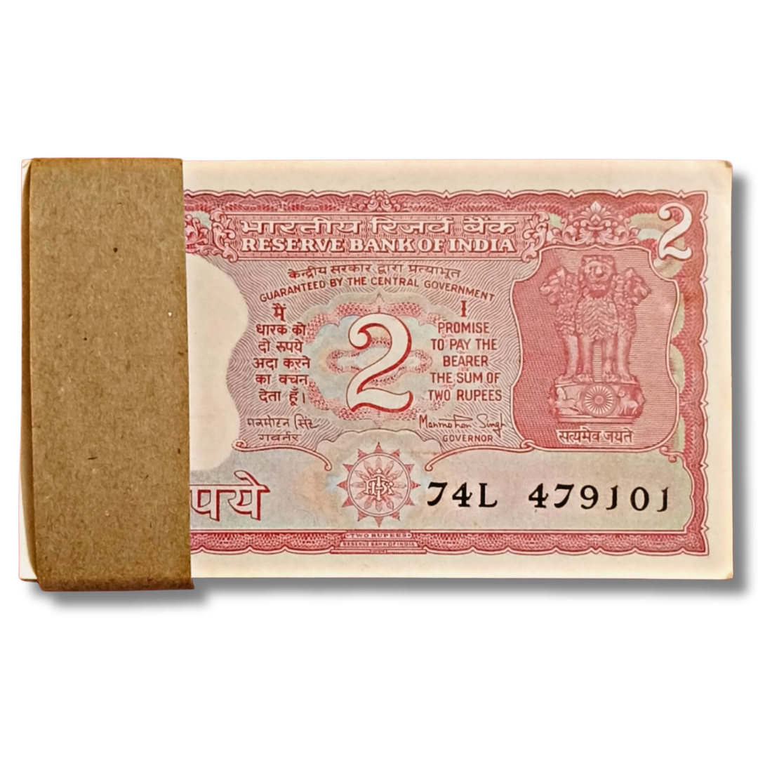 Rs 2 note packet, holy number 108 note, Manmohan Singh currency, 1974 Indian currency, UNC ₹2 note, rare RBI notes, collectible Indian notes, spiritual number note, old Rs 2 serial packet
