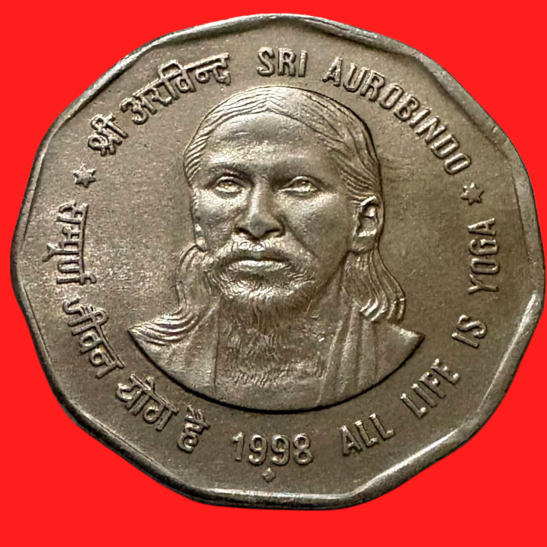Rs 2 Sri Aurobindo Commemorative Coin 1998 All Life is Yoga Collectible - Collection Bazzar
