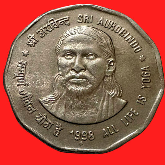 Rs 2 Sri Aurobindo Commemorative Coin 1998 All Life is Yoga Collectible - Collection Bazzar