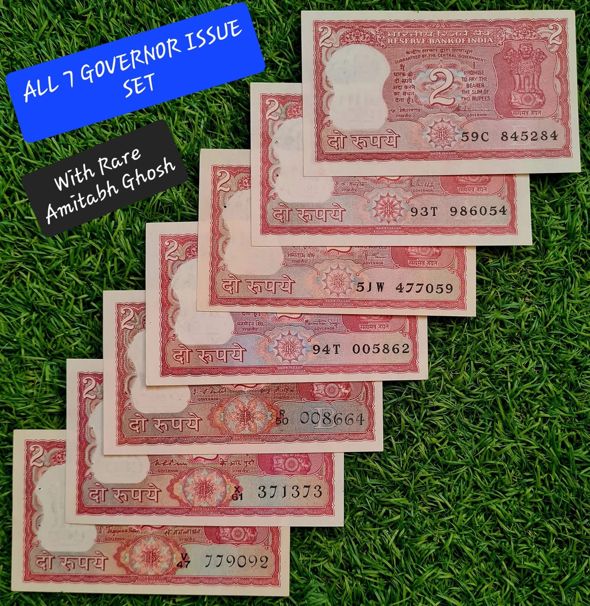Rs 2 TIGER ISSUE ALL GOVERNORS ISSUE 7 UNC NOTE SET RARE - Collection Bazzar