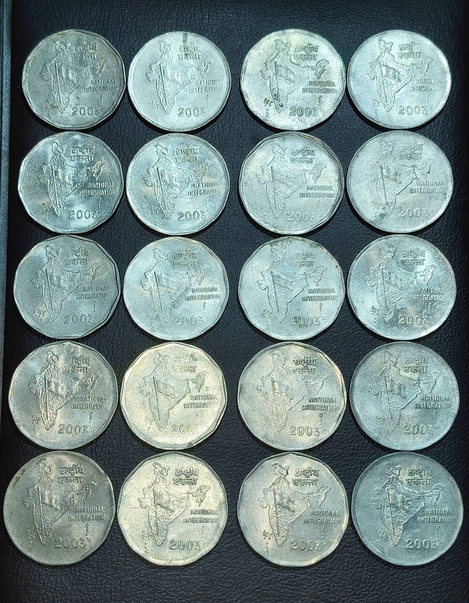 Rs 2 copper nickel set 2003 calcutta mint aunc 
15 coin 
combine 
2 Rs national integration rate - Collection Bazzar