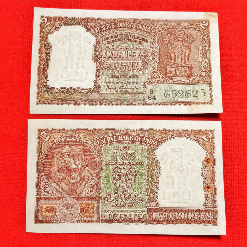 Rs 2 half tiger 652625 governor PC Bhattacharya rare collectible - Collection Bazzar