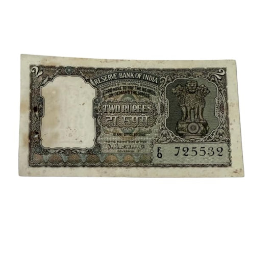 Rs 2 olive green half tiger 725532 governor p c bhattacharya  rare collectible - Collection Bazzar