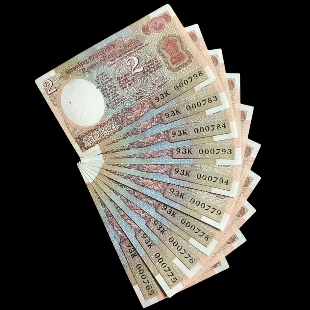 Rs 2 satellite issue lower no notes lot of 10 notes RN malhotra same prefix - Collection Bazzar