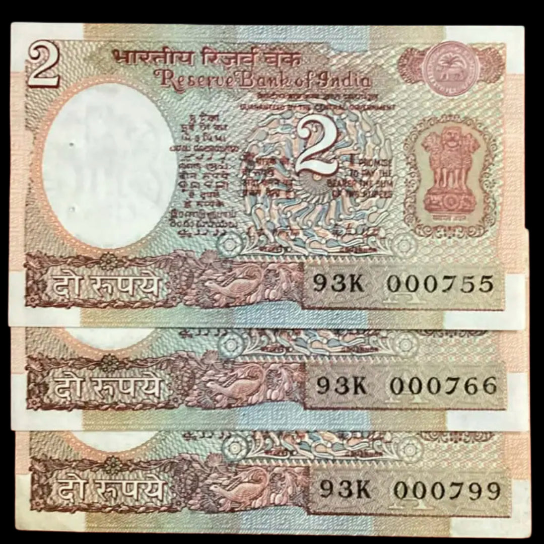 Rs 2 satellite issue lower no notes lot of 3 notes RN malhotra same prefix - Collection Bazzar
