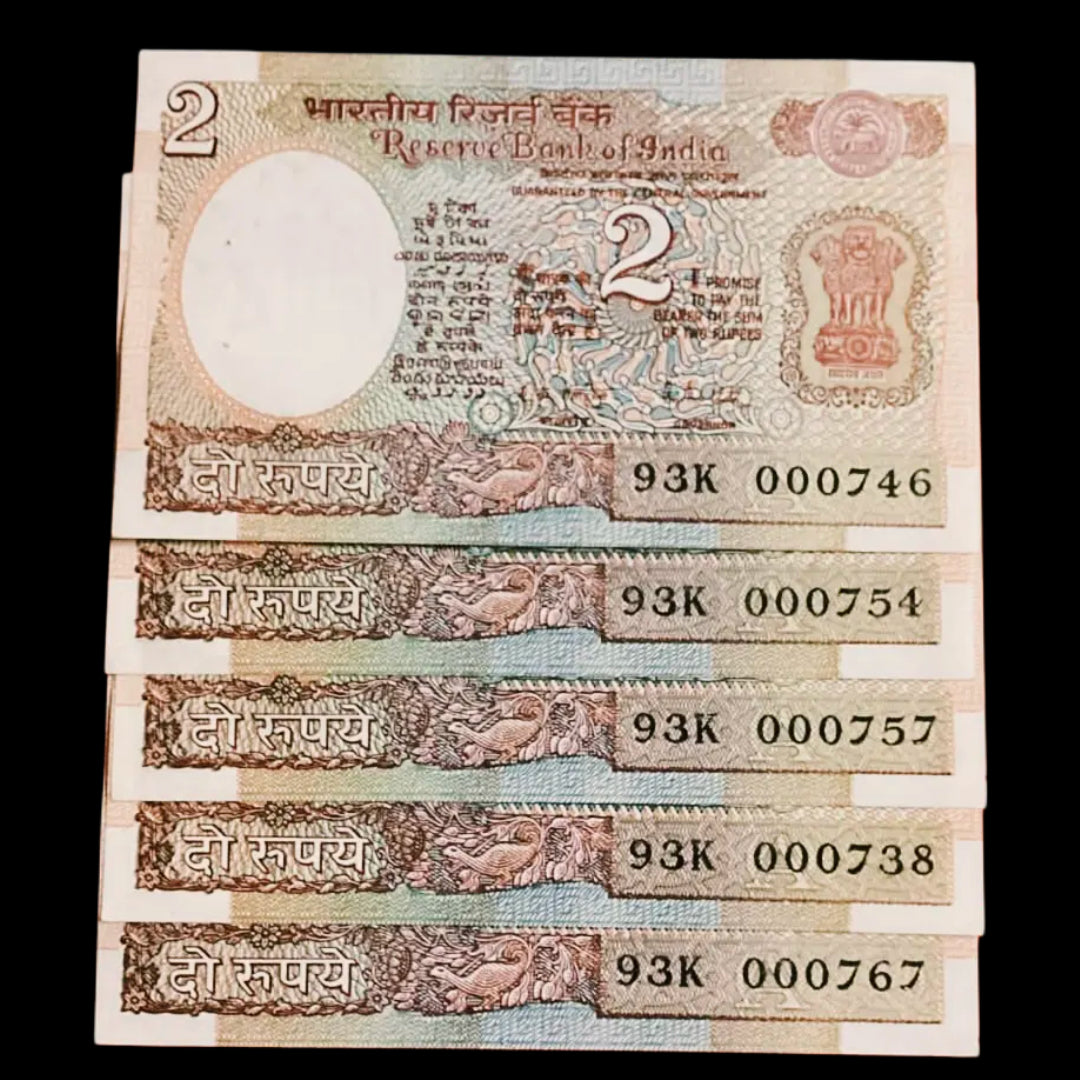 Rs 2 satellite issue lower no notes lot of 5 notes RN malhotra same prefix - Collection Bazzar