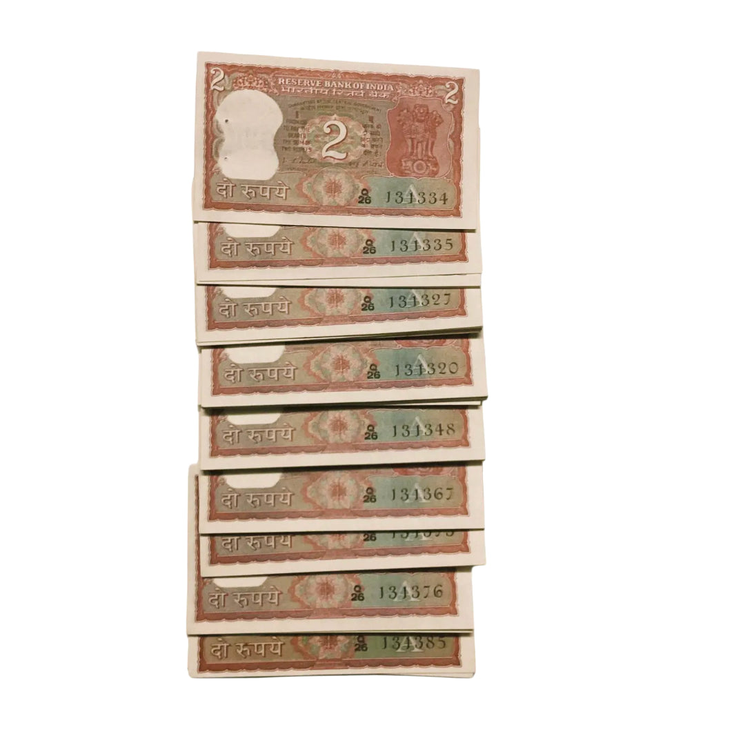 Rs 2 tiger issue starting 1313 number 10 notes lot for 1000 gov I G patel collectible - Collection Bazzar