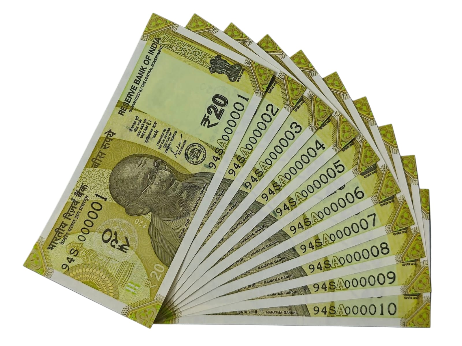 Rs 20 Fancy Number Note Bundle – Serial 000001 to 000010 | Rare Consecutive - Collection Bazzar