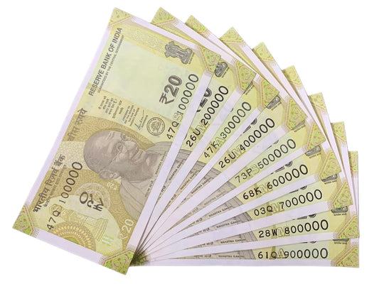 Rs 20 Fancy Number Note Set – Rare 7-Digit Series (100000 to 900000 | 1111111 to 1000000 | 1 Million Serial Collection | RBI Original UNC Notes) - Collection Bazzar