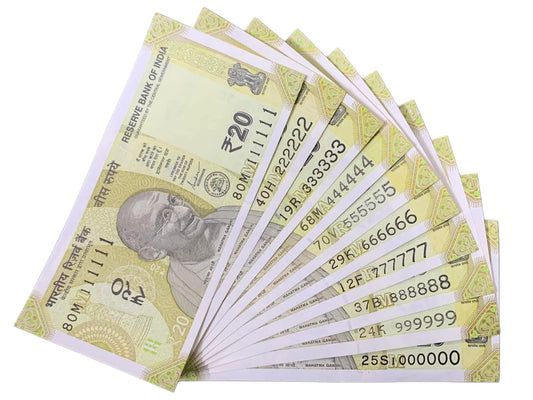 Rs 20 Fancy Number Note Set – Rare 7-Digit Series (100000 to 900000 | 1111111 to 1000000 | 1 Million Serial Collection | RBI Original UNC Notes) - Collection Bazzar