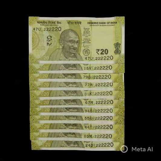 Rs 20 Gandhi Series Near Solid 222220 Fancy Number (Lot of 11) - Collection Bazzar