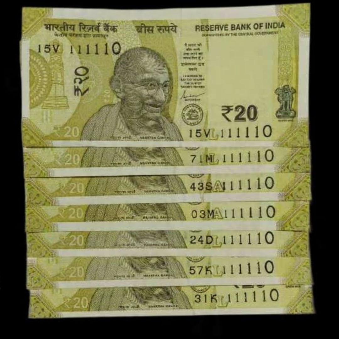 Rs 20 Gandhi Series Near Solid Birthday Note 111110 Fancy Number (Lot of 7) - Collection Bazzar