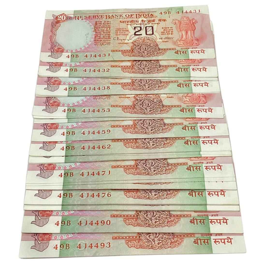 Rs 20 Konark Issue semi fancy four time 4 c rangrajan sign 10 note lot given for 999 each lot - Collection Bazzar