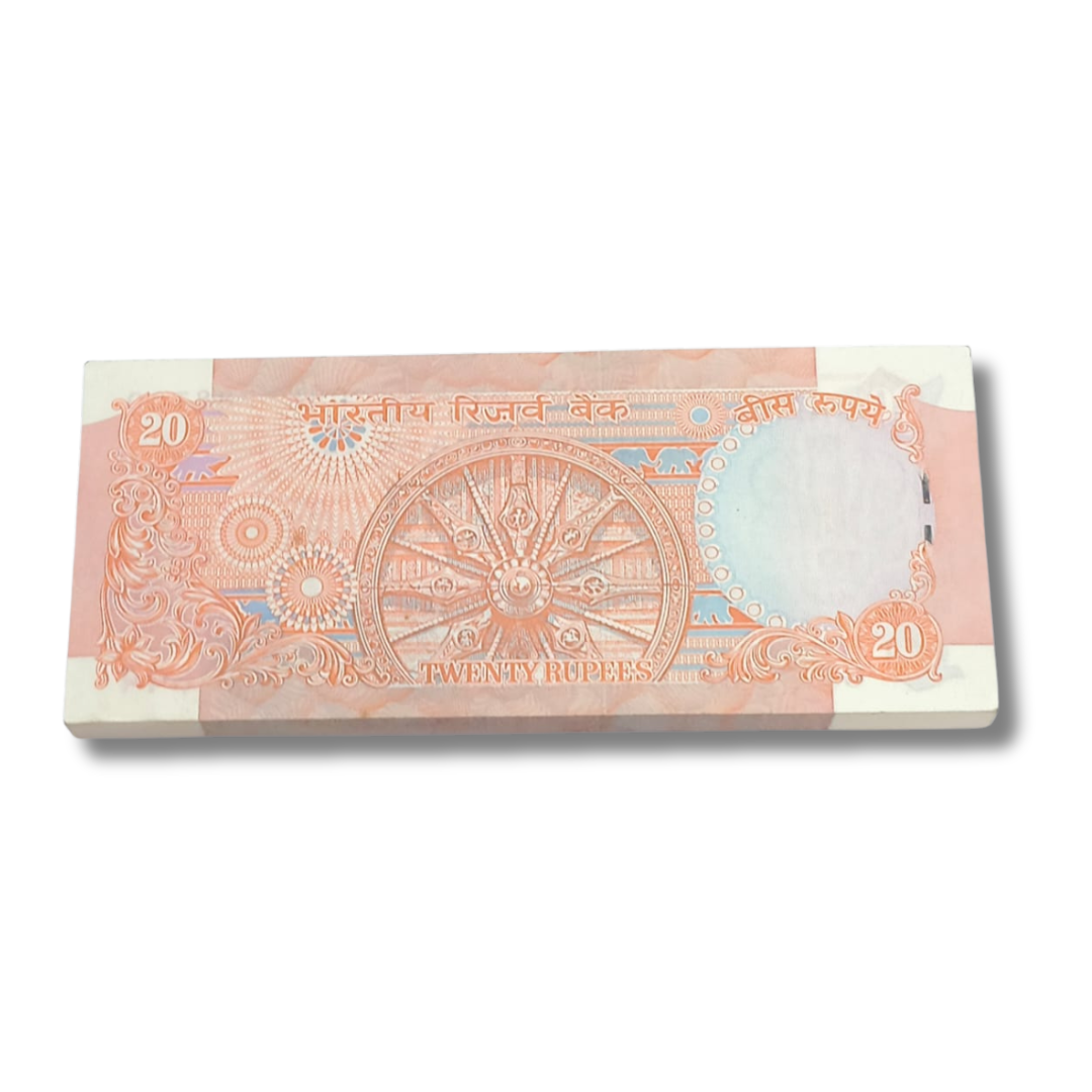 Rs 20 Konark Wheel note packet, serial 788601, signed by R.N. Malhotra, full 100 notes bundle, collectible Indian currency