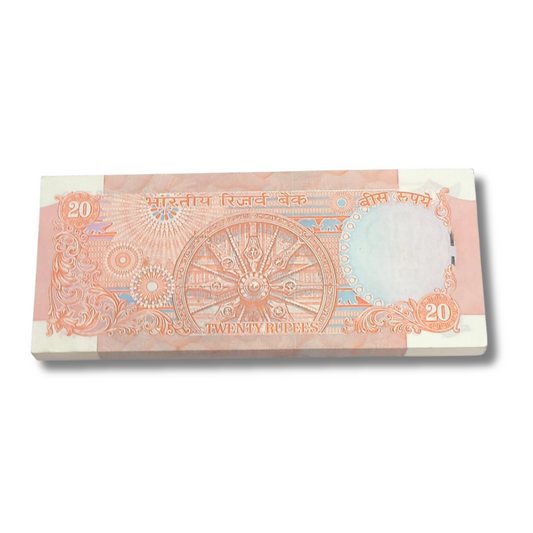Rs 20 Konark Wheel note packet, serial 788601, signed by R.N. Malhotra, full 100 notes bundle, collectible Indian currency