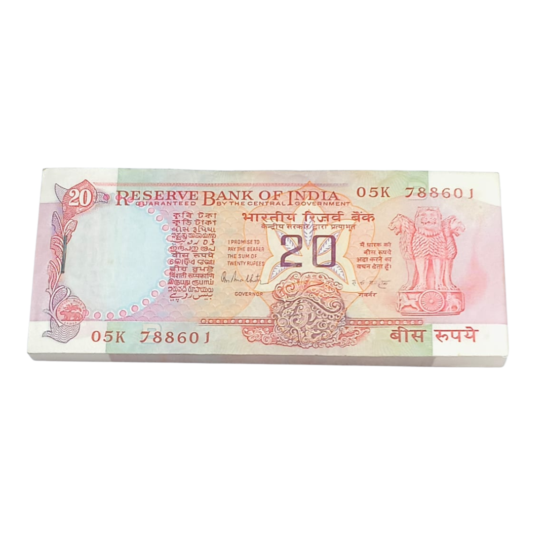 Rs 20 Konark Wheel note packet, serial 788601, signed by R.N. Malhotra, full 100 notes bundle, collectible Indian currency