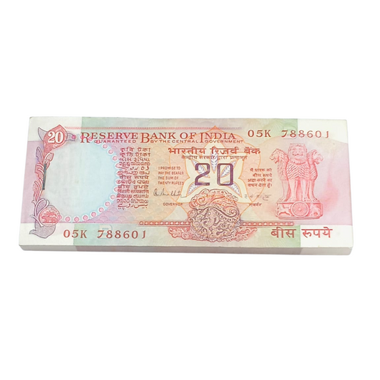 Rs 20 Konark Wheel note packet, serial 788601, signed by R.N. Malhotra, full 100 notes bundle, collectible Indian currency