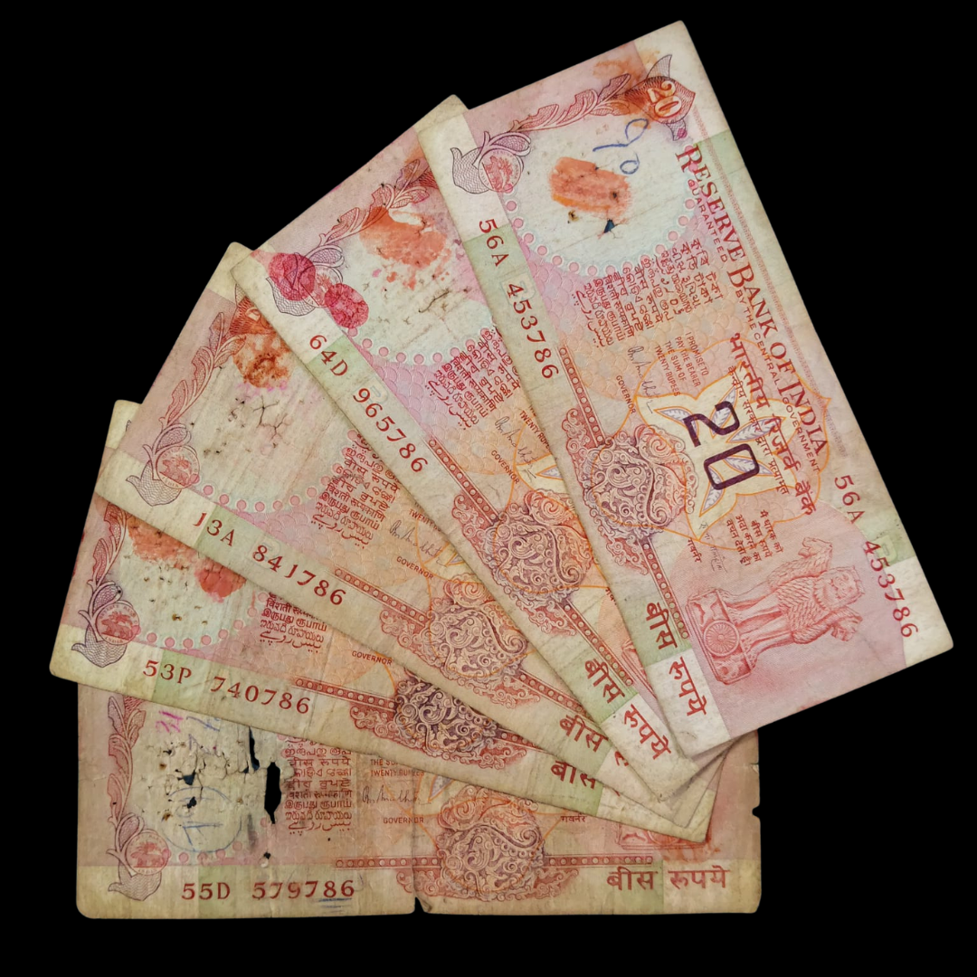 Rs 20 Konark Wheel Notes Ending 786  Note Price RN Malhotra 5 note rare number set - Collection Bazzar