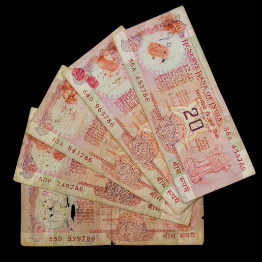 Rs 20 Konark Wheel Notes Ending 786  Note Price RN Malhotra 5 note rare number set - Collection Bazzar