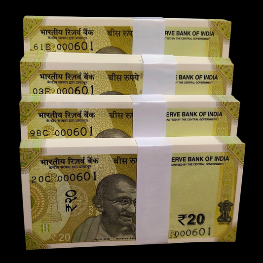 Rs 20 Lower Number Serial Bundle Each Packet Price GEM UNC - Collection Bazzar