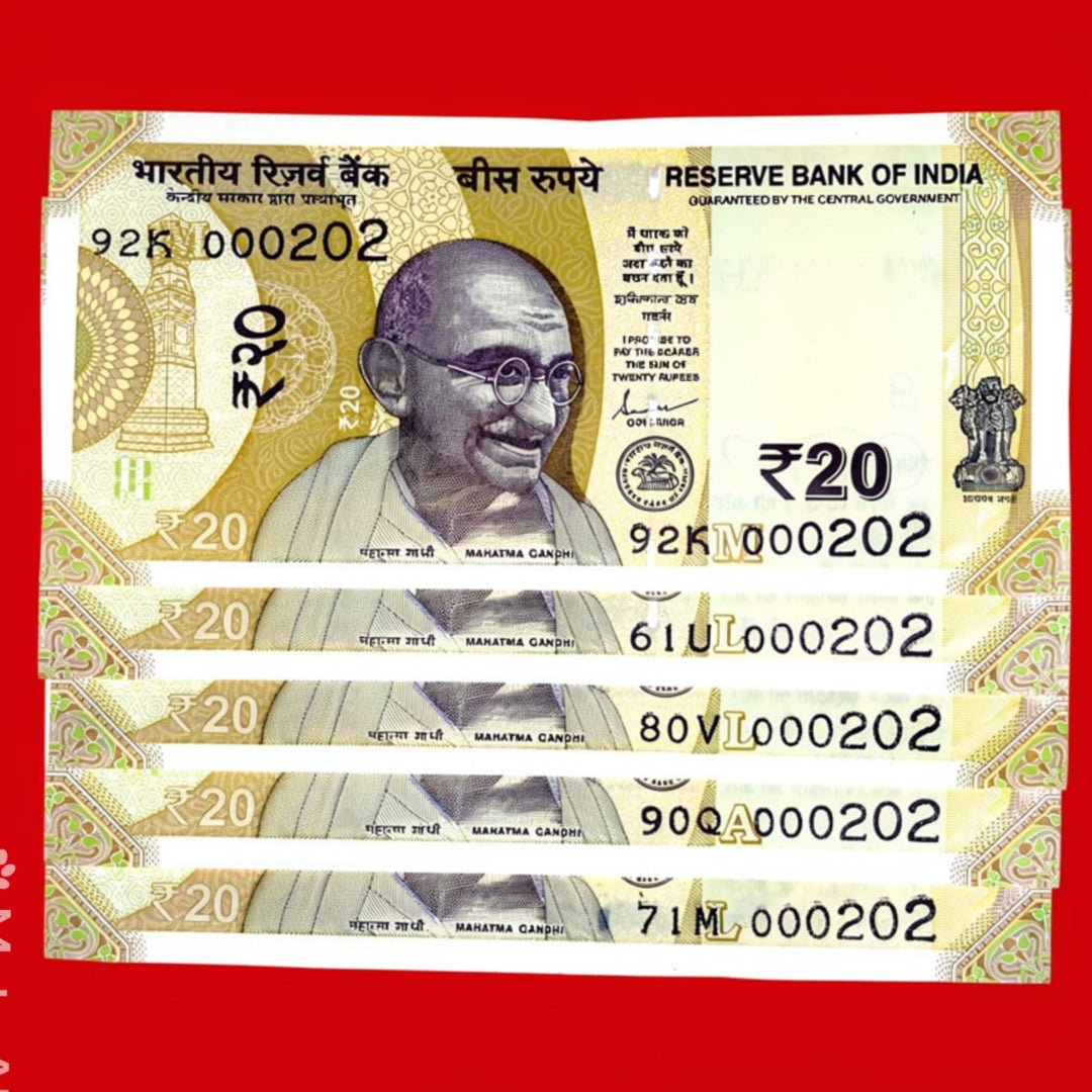 Rs 20 Note 000202 Fancy Number 5 Note Price Collectible - Collection Bazzar