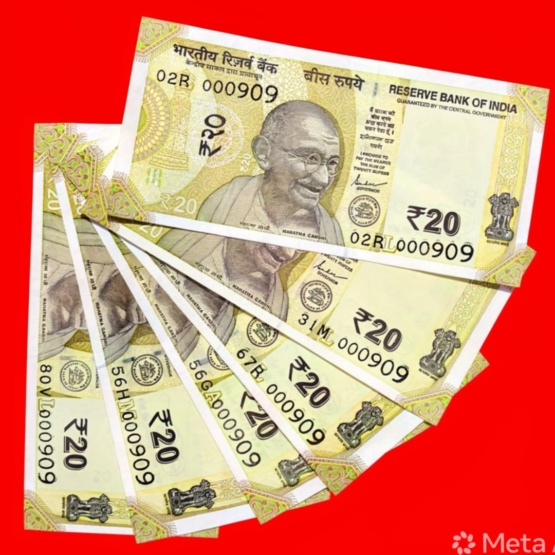 Rs 20 Note 000909 6 note same number  rare Collectible - Collection Bazzar