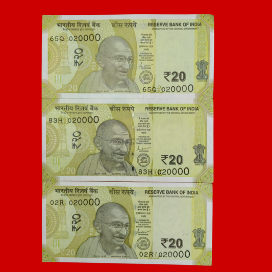 Rs 20 Note 020000 Thousands Number Type 3 Pieces Collectible - Collection Bazzar