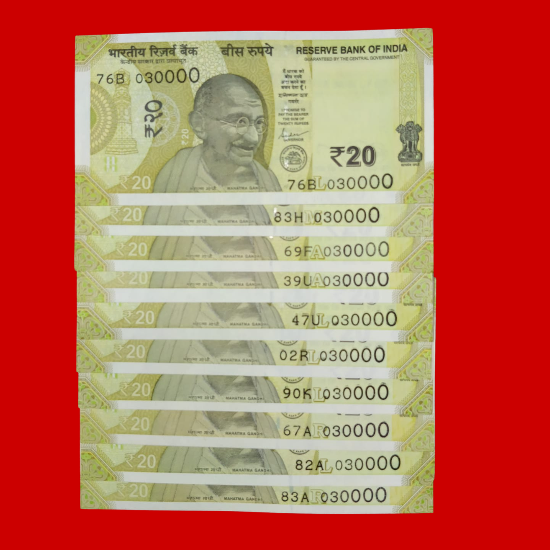 Rs 20 Note 030000 thousands Number Type Lot 10 Pieces Collectible - Collection Bazzar