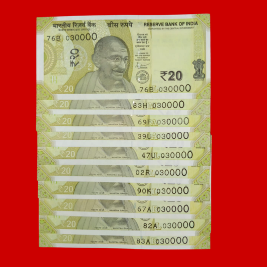 Rs 20 Note 030000 thousands Number Type Lot 10 Pieces Collectible - Collection Bazzar