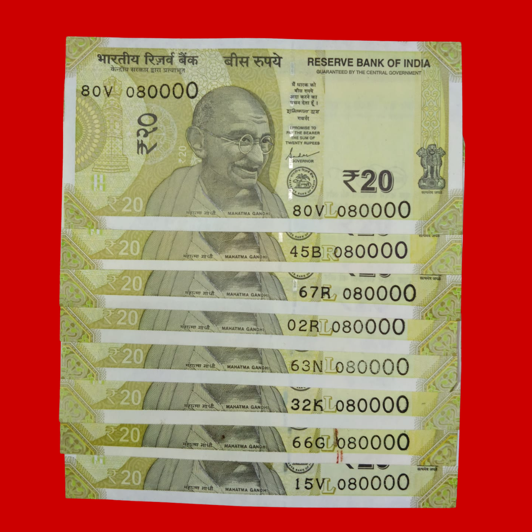 Rs 20 Note 080000 Thousand Number Type Lot 8 Pieces Collectible - Collection Bazzar