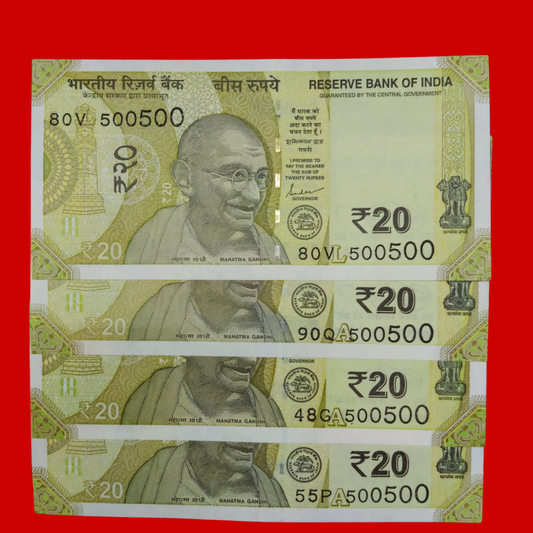 Rs 20 Note 500500 Doubling Number 4 Piece Lot Collectible - Collection Bazzar