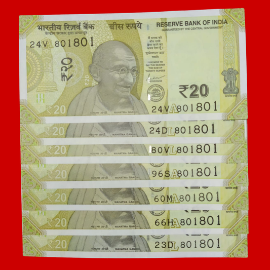 Rs 20 Note 801801 Doubling 108 Holy Number Each Note Price Collectible - Collection Bazzar