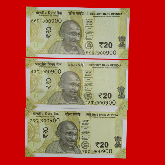 Rs 20 Note 900900 Doubling Number 3 Piece Lot Collectible - Collection Bazzar
