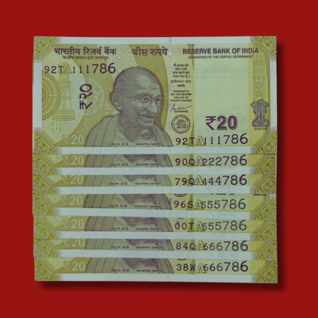 Rs 20 Note Ending 786 Starting Solid Number All 7 Pcs Lot - Collection Bazzar