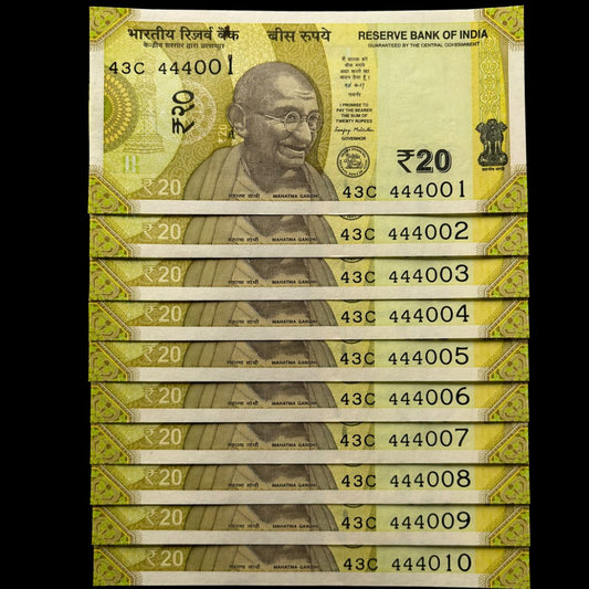 Rs 20 Note Set of 10 444001 to 444010  Fancy 444 Consecutive Serial Set - Collection Bazzar