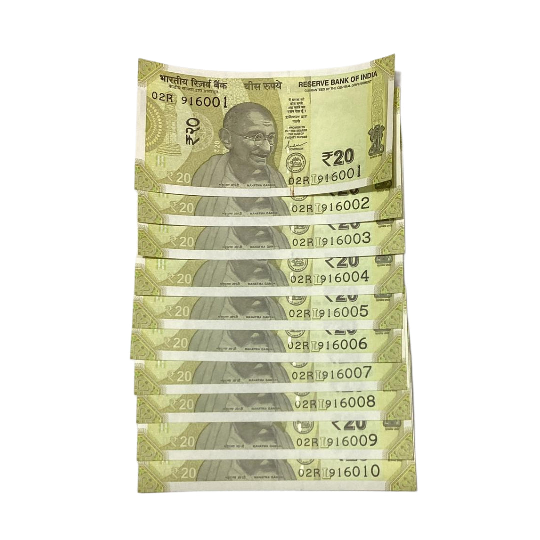 Rs 20 Note Set of 10 Starting Number Hall Mark | Rare Collectible - Collection Bazzar