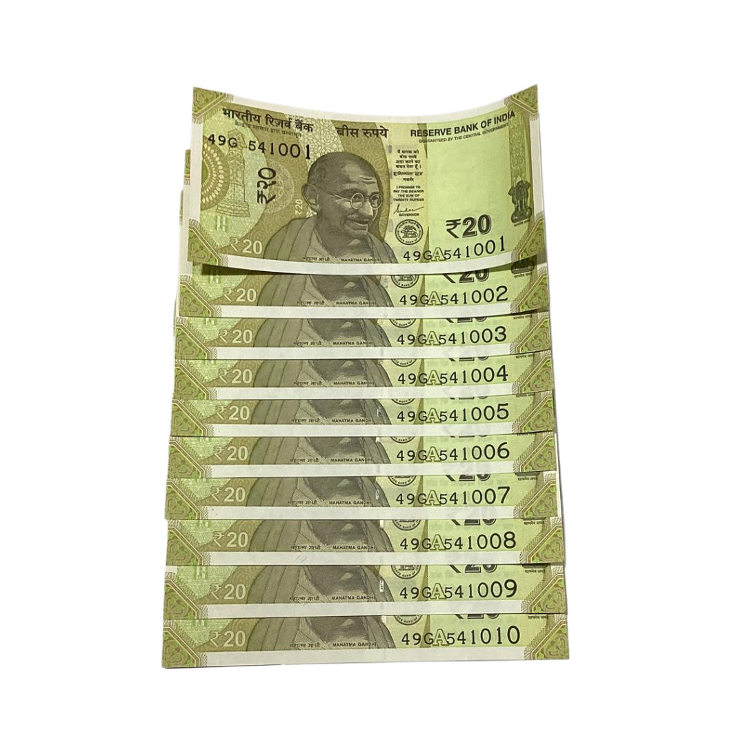 Rs 20 Note Set of 10 Starting Sai Baba 541 | Rare Collectible Item - Collection Bazzar