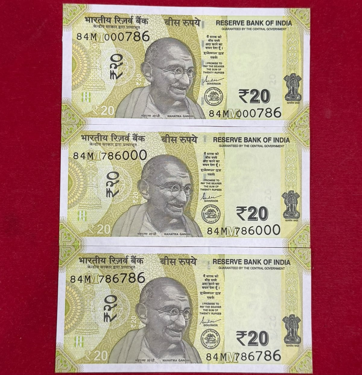 Rs 20 Note Set of 3 Holy Set 000786, 786000 & 786786 Rare same prifix - Collection Bazzar