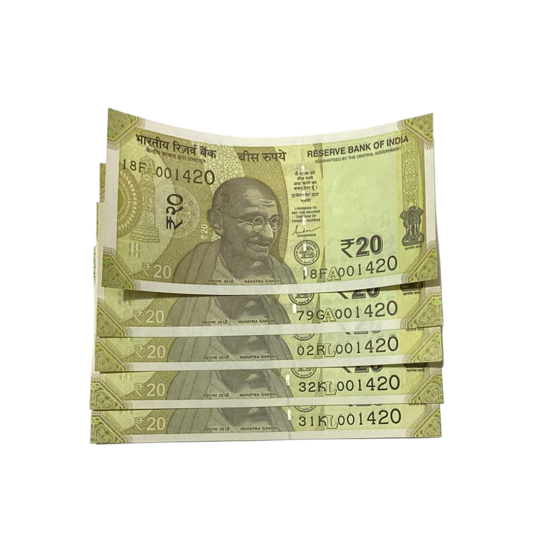 Rs 20 Note Set of 5 Serial 001420 | Rare Collectible - Collection Bazzar