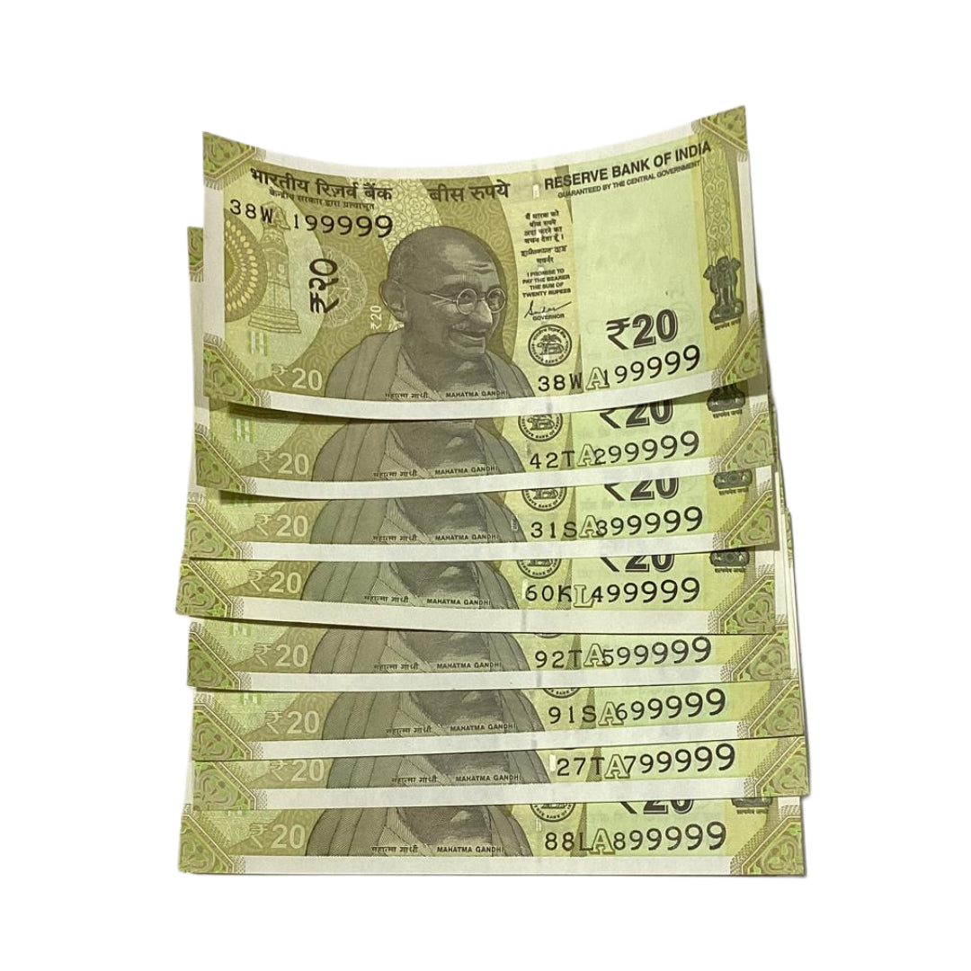 Rs 20 Note Set of 8 (199999 - 899999) | Rare COlectible Item - Collection Bazzar