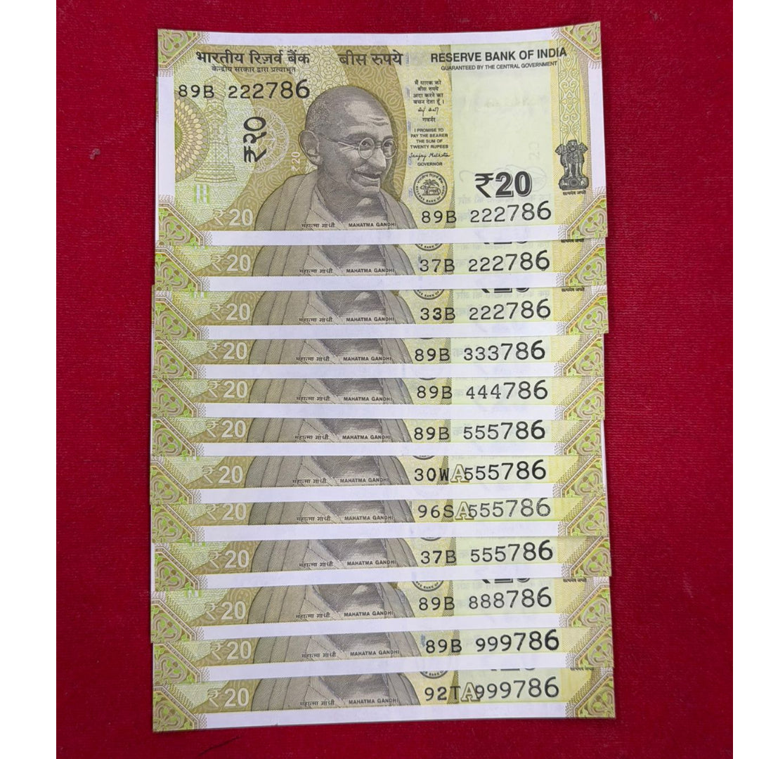 Rs 20 Fancy Serial Number 222786 333786 444786 555786 888786 999786 each note price - Collection Bazzar