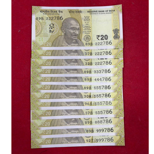 Rs 20 Fancy Serial Number 222786 333786 444786 555786 888786 999786 each note price - Collection Bazzar
