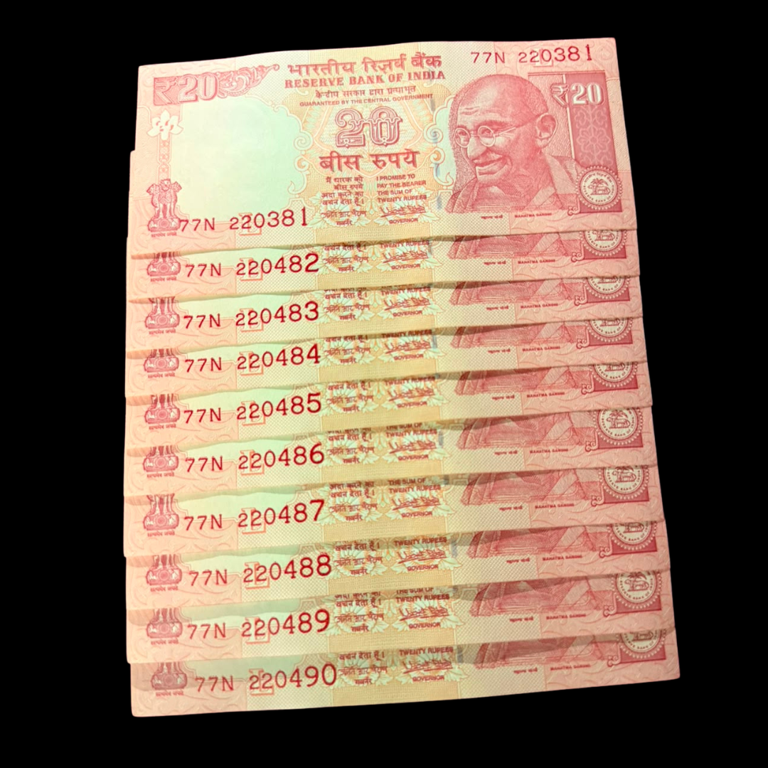 Rs 20 Old Set 10 Notes 220381-220490 Number Collectible Item - Collection Bazzar