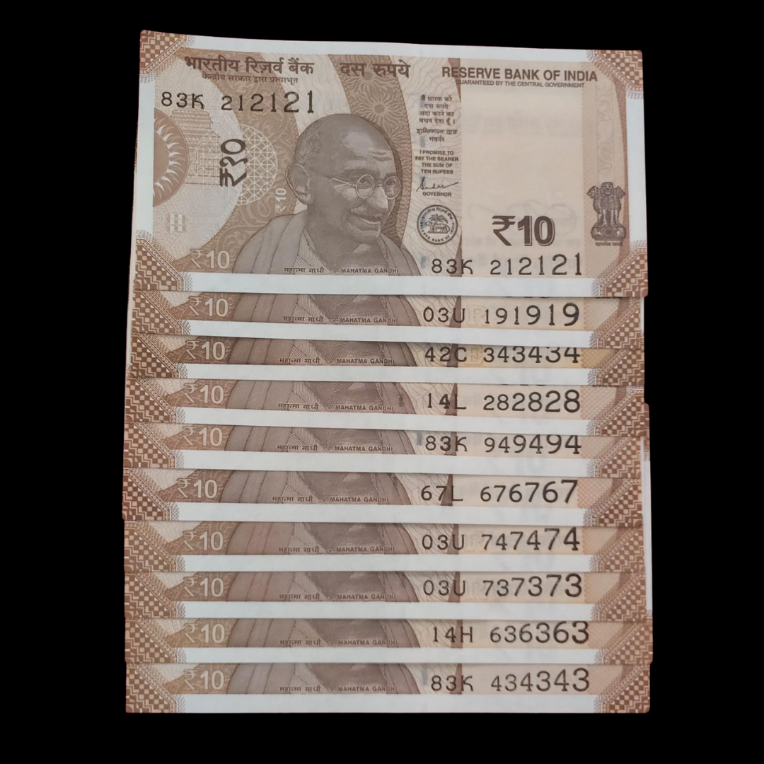 Rs 20 Set of 10 Notes Tripling Number Fancy 212121 Rare Item - Collection Bazzar