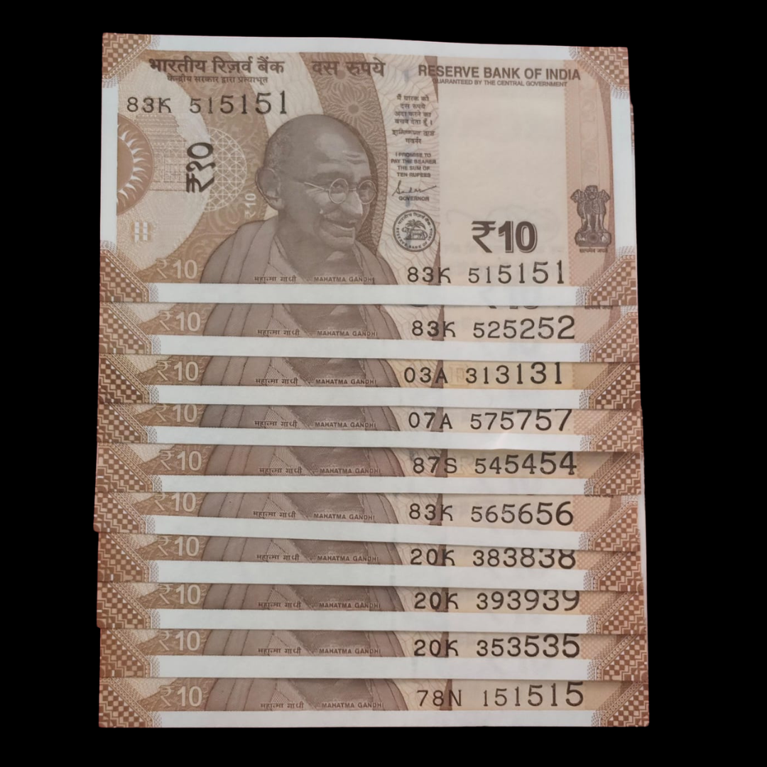 Rs 20 Set of 10 Notes Tripling Number Fancy 515151 Rare Item - Collection Bazzar